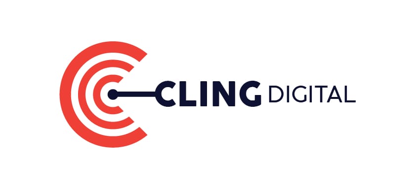 Logo Of Cling Digital Featuring A Stylized Red And Grey Circular Design Next To The Words 