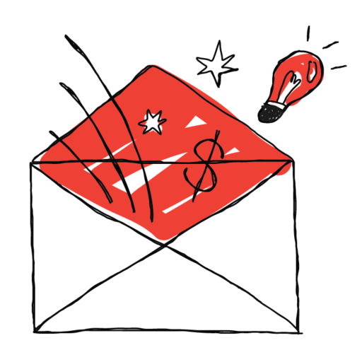 A Simple Drawing Of A Red Envelope With A White Star And Dollar Sign On It, Emerging From A Black Envelope. To The Right Of The Envelope, There's A Lit Light Bulb Icon, Symbolizing An Idea Or Inspiration. The Background Is Plain White.